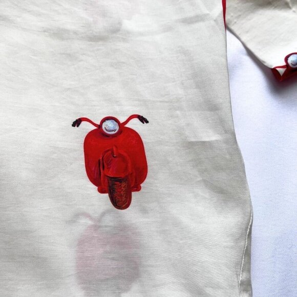 VILA GALLO IVORY WHITE RED NOVELTY PRINT BUTTON DOWN SHIRT -  L - Picture 9 of 11